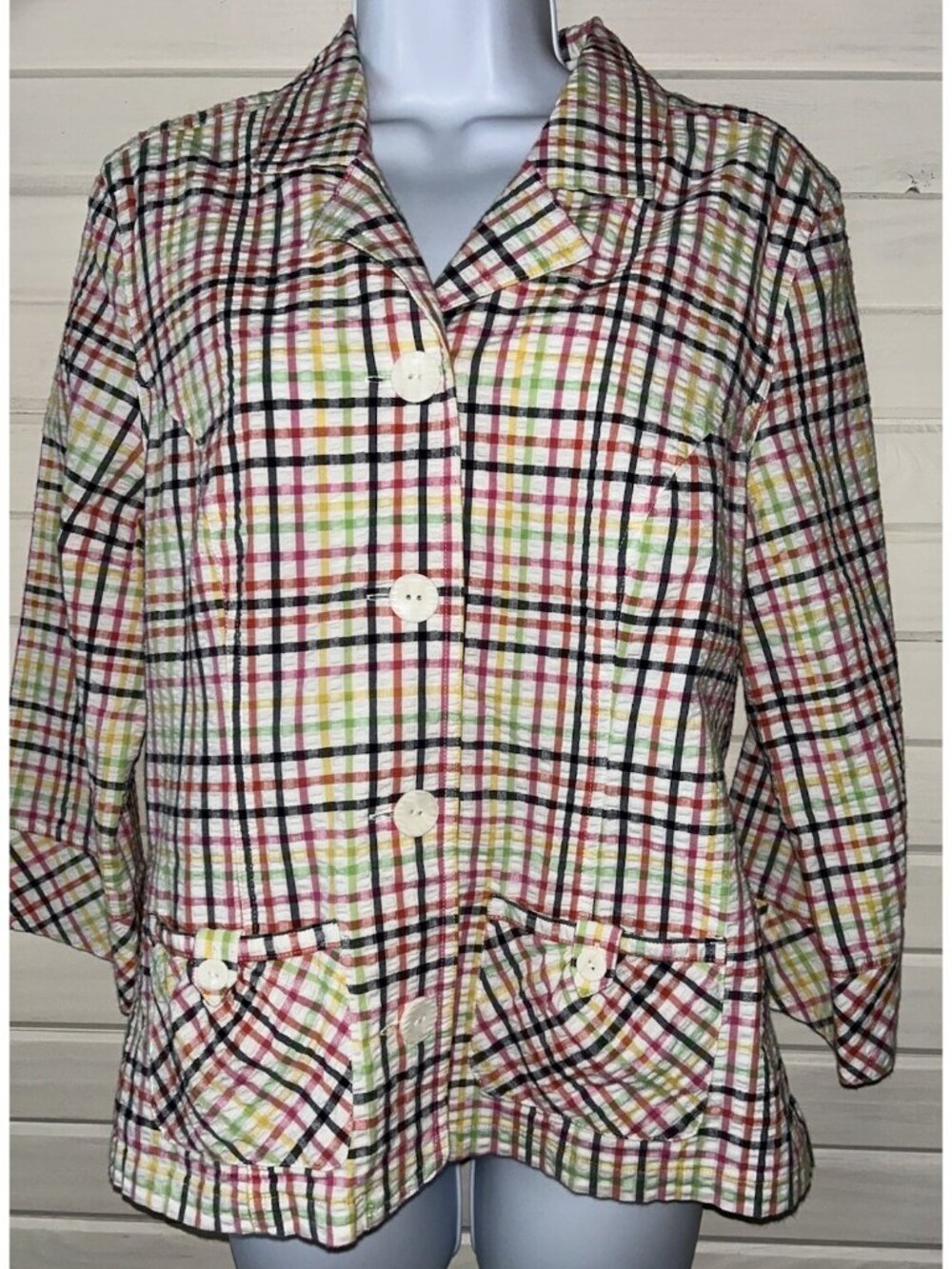Christopher & Banks Sz MEDIUM Seersucker Jacket Cotton Stretch Plaid EUC